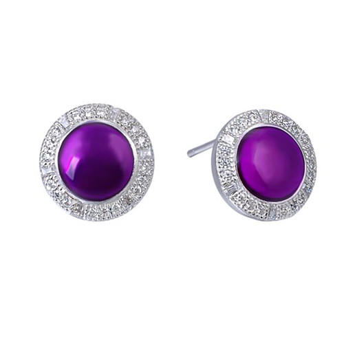 Platinum plated February birthstone amethyst diamond oval earrings sterling silver halo stud earrings